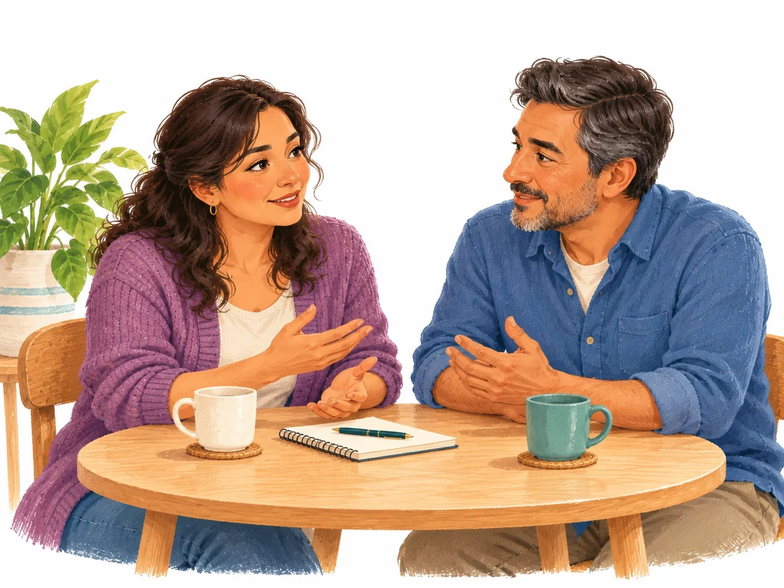 Ilustración editorial de dos adultos conversando.