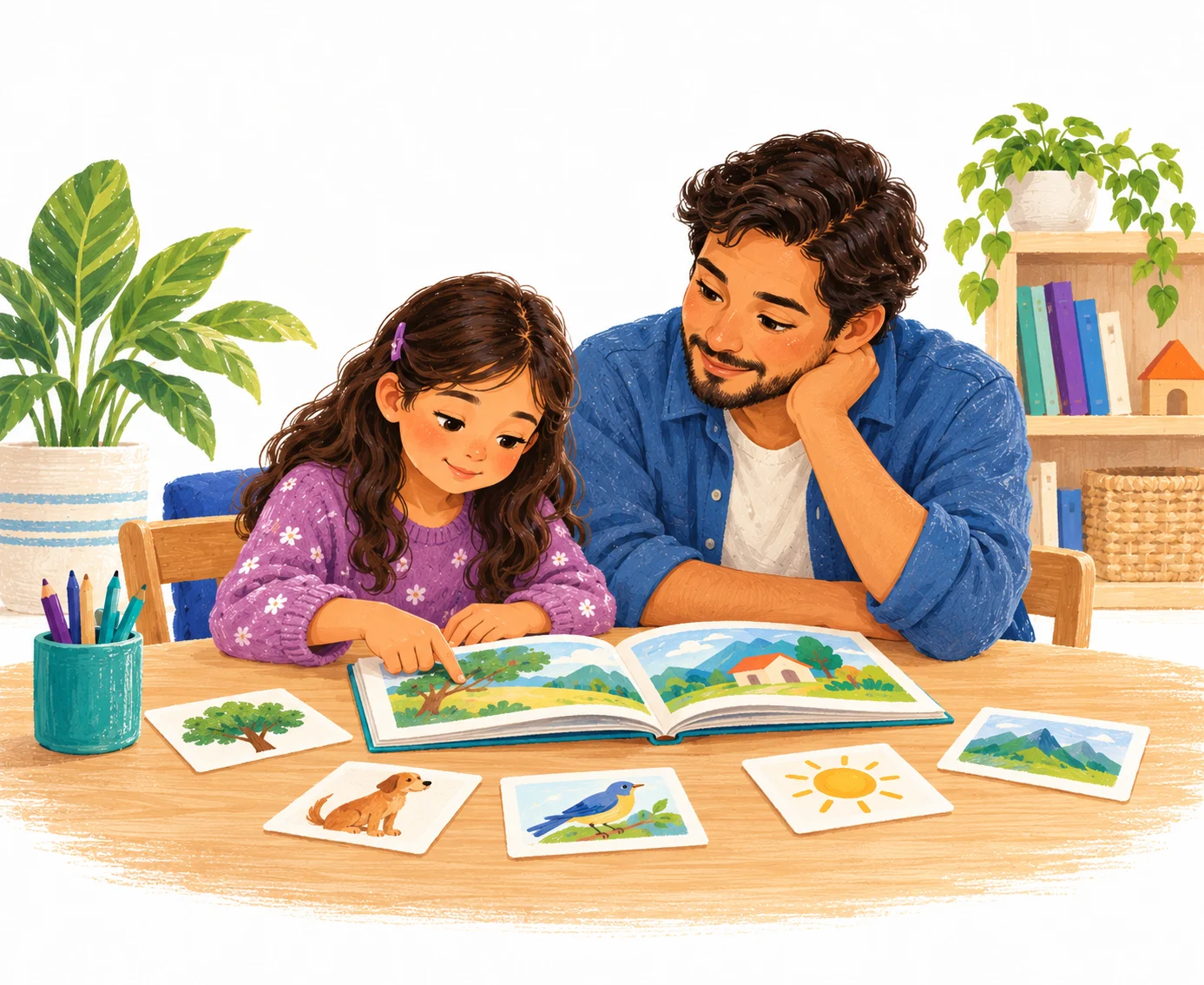 Ilustración editorial de un padre y su hija leyendo juntos.